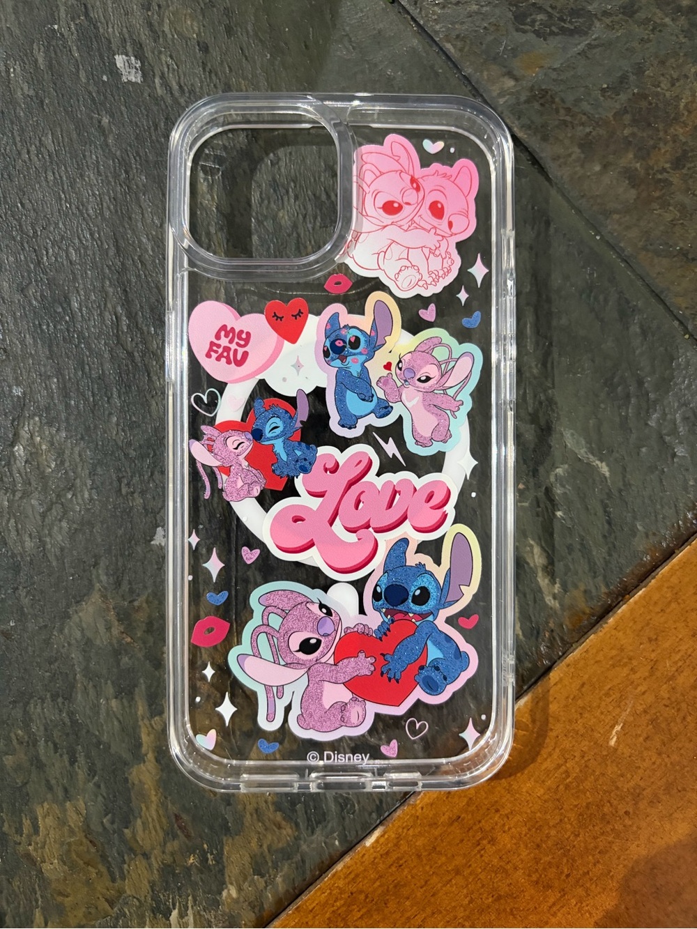 IPHONE 13 - Disney Lilo & Stitch Clear Case with Pink and Blue Love Graphics